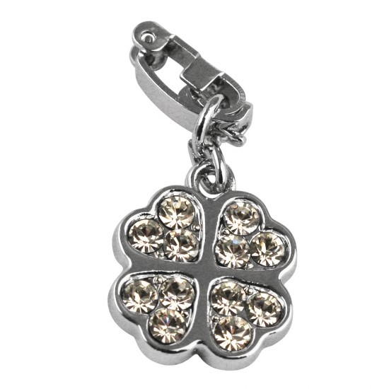 Shoe-Charms: Rhinestone cloverleaf, 14mm, w. clip 11mm. t-bag 1pc.