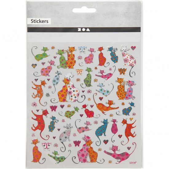 Stickere, o foaie de 15x16.5 cm, din folie de plastic, cu efecte metalice, pisici