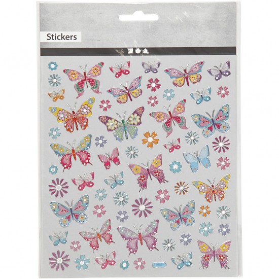 Stickere, o foaie de 15x16.5 cm, din folie de plastic, cu efecte metalice, fluturi si flori