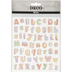 Stickere, o foaie de 15x16.5 cm, din folie de plastic, cu efecte metalice, aprox.55 piese, alfabet