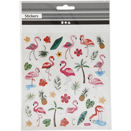 Stickere, o foaie de 15x16.5 cm, din folie de plastic, cu efecte metalice, aprox. 37 piese, flamingo