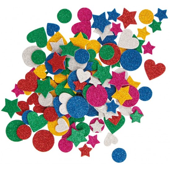 Carton buretat (moosgummi) glitter, diverse forme autoadezive ,360 de bucati multicolore