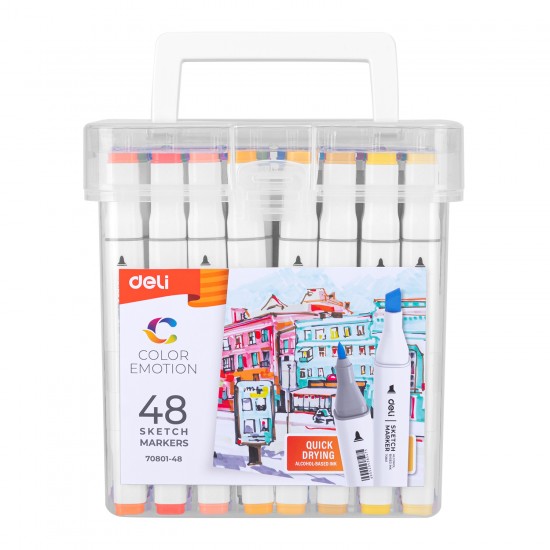 Set 48 markere sketching varf dublu 1mm/7mm cut plastic Deli