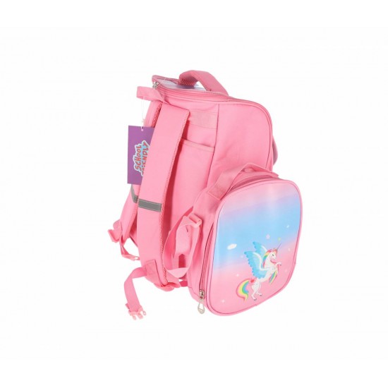 Ghiozdan Scolar, SchoolFriendly Unicorn, 2 Fermoare, 36x30x20cm, Roz, Penar si LunchBox