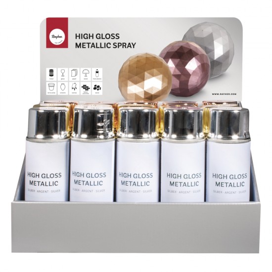 Display High Gloss metallic spray, 3 colours x 5 cans