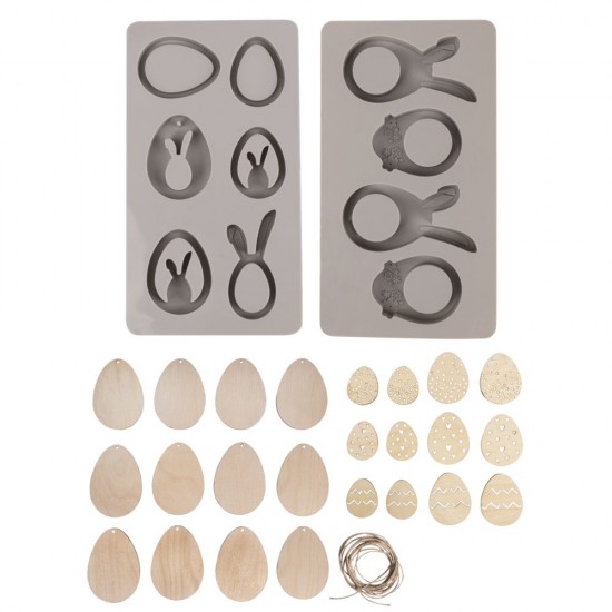 Kit 2 matrite silicon Iepure și Ou , 24 oua lemn, 3m snur, Rayher