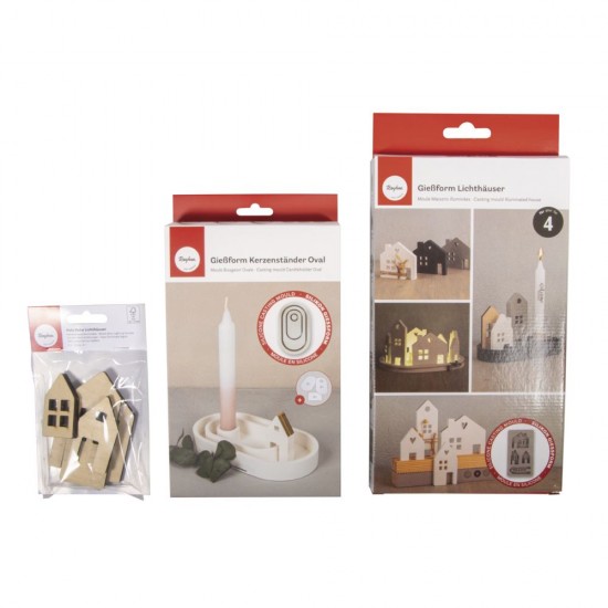 Kit 2 matrite silicon pentru praf ceramic Raysin : ovala si casute, Rayher, inclusiv 4 casute lemn