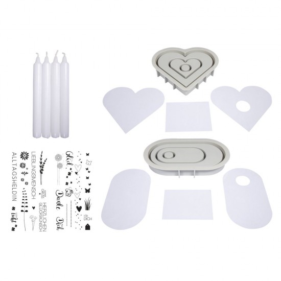 Kit matrite silicon : inima si ovala „Lucky Light”, inclusiv 4 lumanari conice, 2 decoratiuni lumanari, Rayher