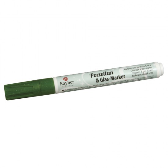 Marker Rayher pentru portelan si sticla, 1-2 mm, culoare verde cu sclipici