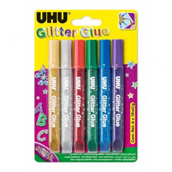 UHU Glitter Glue adeziv (lipici) cu sclipici pentru hârtie, Original, 6x10ml
