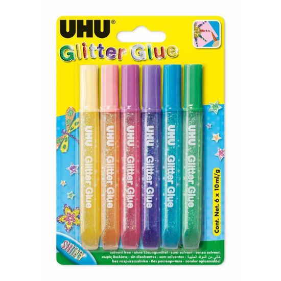 UHU Glitter Glue adeziv (lipici) cu sclipici pentru hârtie, Shiny,6x10ml