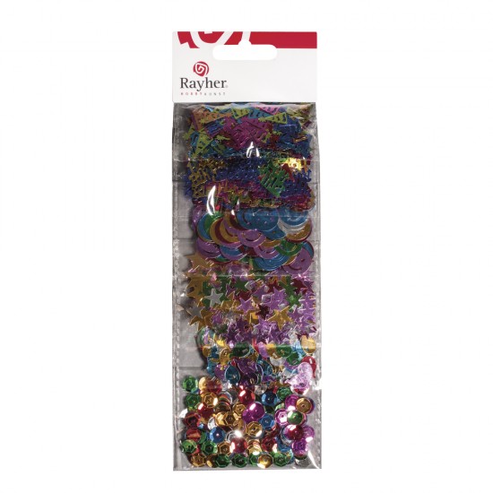 Set decorativ Rayher paiete colorate, dimensiune 0,8-3cm, 6 modele diferite, happy birthday, baloane, coifuri, stelute, 7g/model, 42g/set