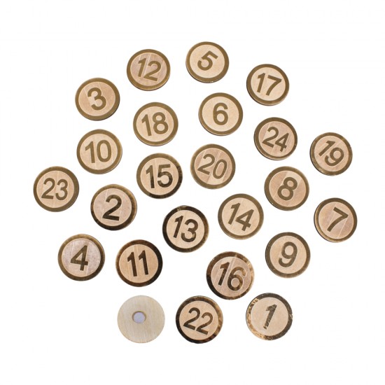 MDF-Advent calend.numerals 1-24, 3.5cm ?, gold, film-wrapped, adhes.dot, tab-bag 24pcs