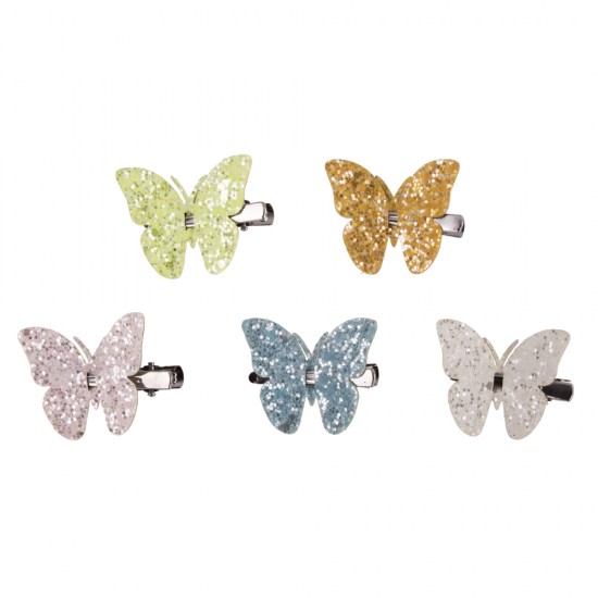 Sclipicied butterflies on peg, coloured, 4x3.6cm, assorted in colour,tab-bag 5pcs