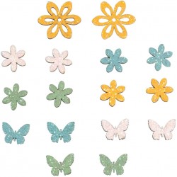 Decoratiune lemn floare/fluture, Rayher, adezive, 2,3-4cm, 16 buc/set