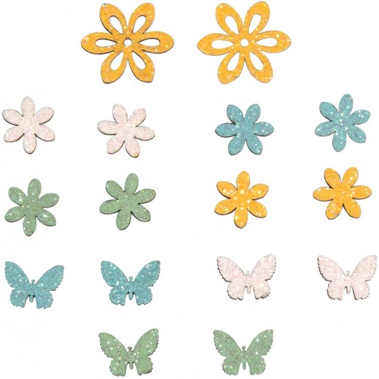 Decoratiune lemn floare/fluture, Rayher, adezive, 2,3-4cm, 16 buc/set