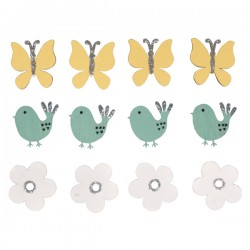 Decoratiune lemn floare,pasare,floare, Rayher, adezive, 2,3-3,5cm, 12 buc/set