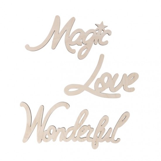Decoratiune lemn ''Love, Magic, Wonderful'', Rayher , 3/set, 17-25cm