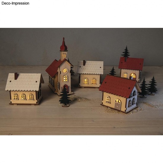 Kit de constructie case de lumina din lemn, FSC Mix Credit 7-10 cm, lumini LED, Rayher, natur