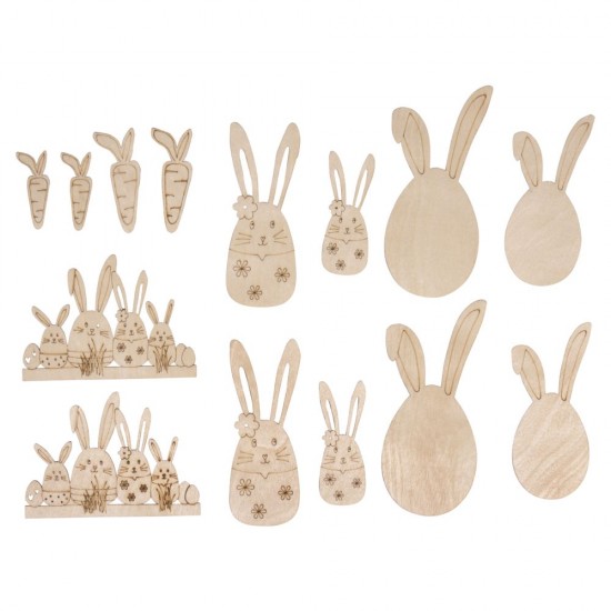 Decoratiune lemn iepurași&prieteni de Paște 3,9-8,8cm, grosime 1mm, Rayher , 14/set Decoratiune lemn iepurași&prieteni de Paște 3,9-8,8cm, grosime 1mm, Rayher , 14/set