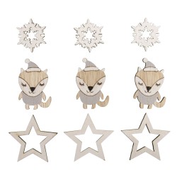 Decoratiuni lemn vulpite/stelute., 2,8-4,5 cm, + punct adeziv, Rayher, 9/set
