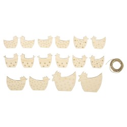 Decoratiune cocos / gaini lemn, FSC Mix Credit  5-8 cm,  șnur de 2,5 m,Rayher, 16 /set, natur