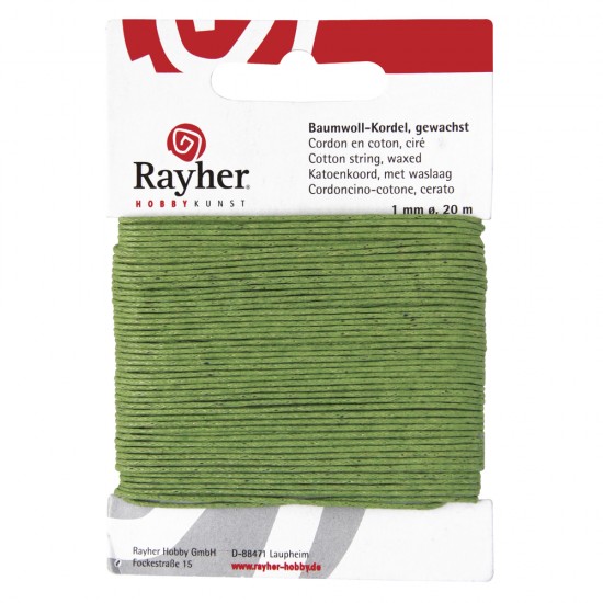 Snur verde deschis, bumbac cerat, Rayher, 1 mm, 20 m/rola