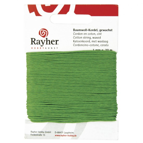 Snur verde, bumbac cerat, Rayher, 1mm, 20 m/rola