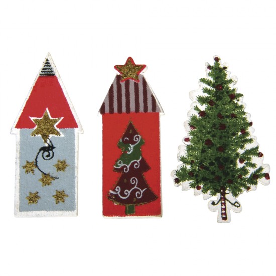 Decoratiune din lemn   Christmas Village   set 2, 3.5cm, w.glitter,w. self-adhe