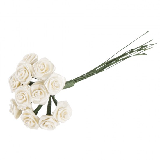 Decoratiune trandafiri satin, diam. 12 mm alb,12 buc/set