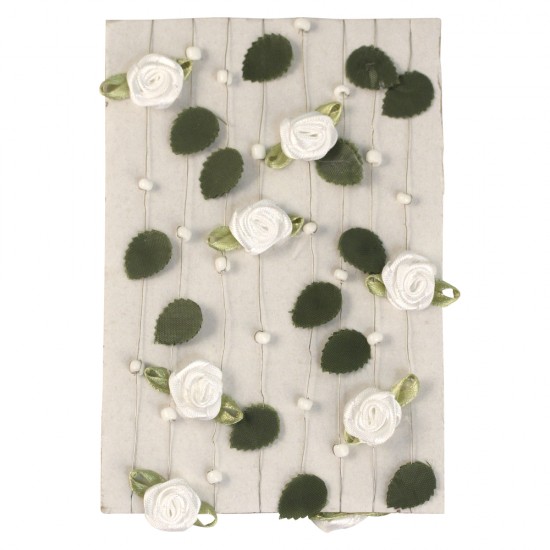 Decoratiune trandafiri Rayher cu frunze + margele, alb, 4-25 mm, 2m