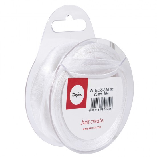 Panglica organza alba Rayher, puncte, 2,5 cm, 10 m/rola