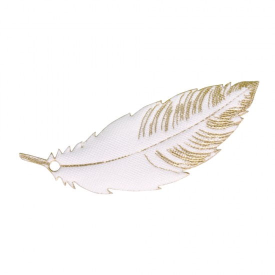 Pendant: feather, alb/gold, 8.5x2.8cm, tab-bag 4pcs