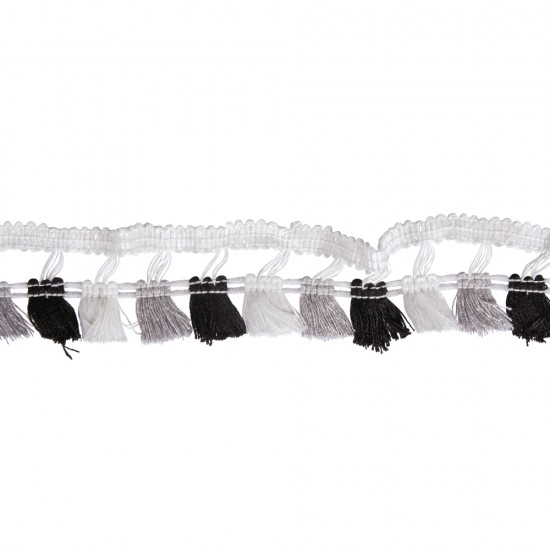Dantela brodata cu ciucuri,alb-negru, 4.5 cm, 2m