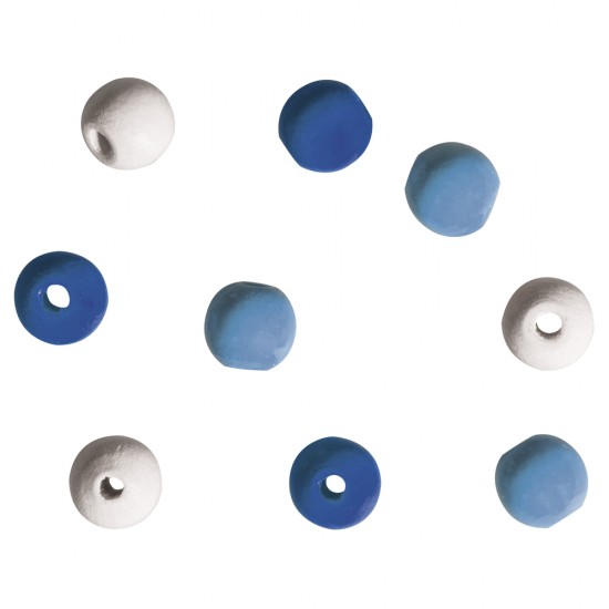 Margele Rayher din lemn, diametru 9 mm, 60/set culori albastru inchis, albastru deschis, alb si bej