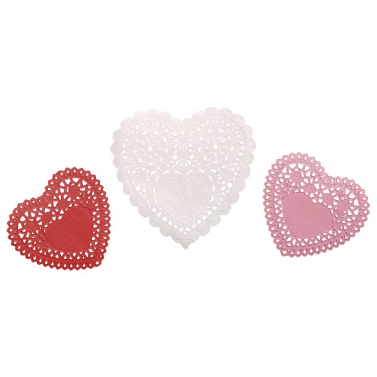 Doily set: Hearts, alb/roz/rosu, 10cm+14cm,tab-bag 60 pcs.