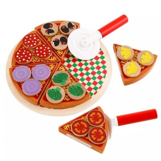 Jucarie MONTESSORI pizza din lemn de feliat si accesorii , 27 piese