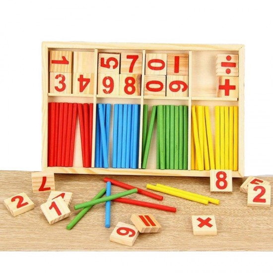 Set Educativ din Lemn tip Montessori „LikeSmart Intelligent Sticks”, Betisoare Colorate pentru Numaratoare, Cifre si Semne Matematice