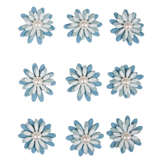 Flori hartie, Rayher, cu perle, adezive, light blue, 2.5-3 cm, 9 buc/set