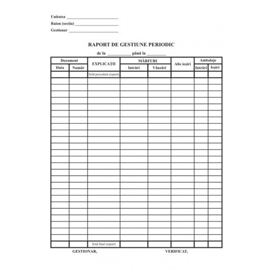 Raport gestiune periodic, format A4, 100 coli/carnet