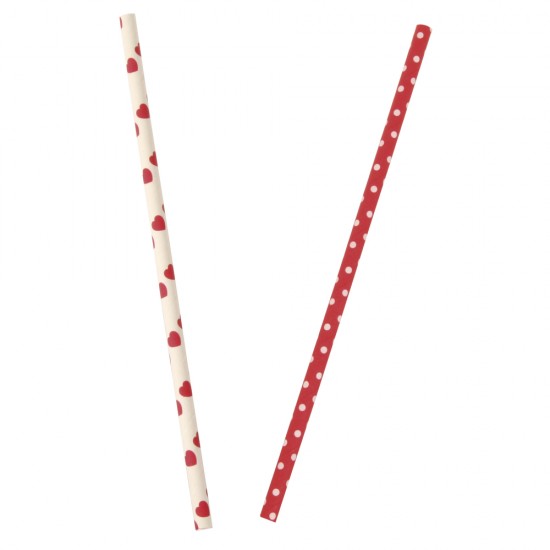 Paper straw food grade, rosu with dots, tab-bag 25pc