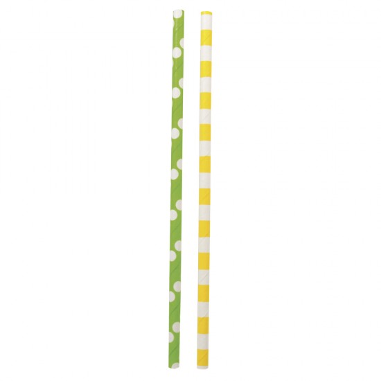 Paper straws, food-safe, galben/green,stripes/dots,tab-bag 25pcs.