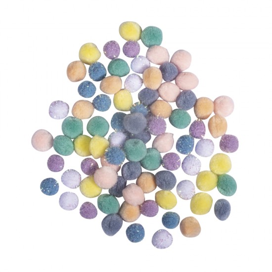 Pompom mix, 15mm ø, pastel, colour-sorted, tab-bag 80pcs