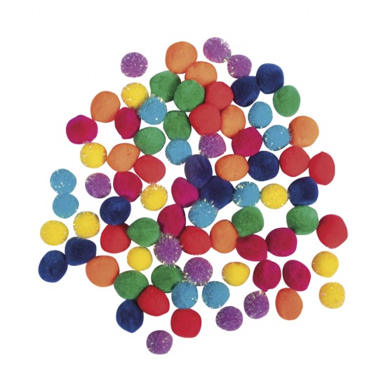 Pompom mix, 15mm ø, rainbow, colour-sorted, tab-bag 80pcs
