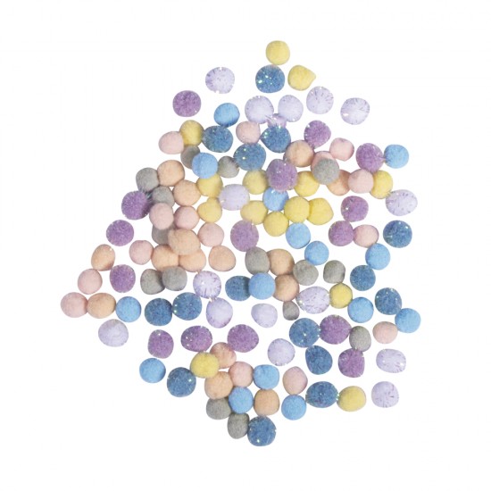 Pompom mix, 7mm ø, pastel, colour-sorted, tab-bag 120pcs