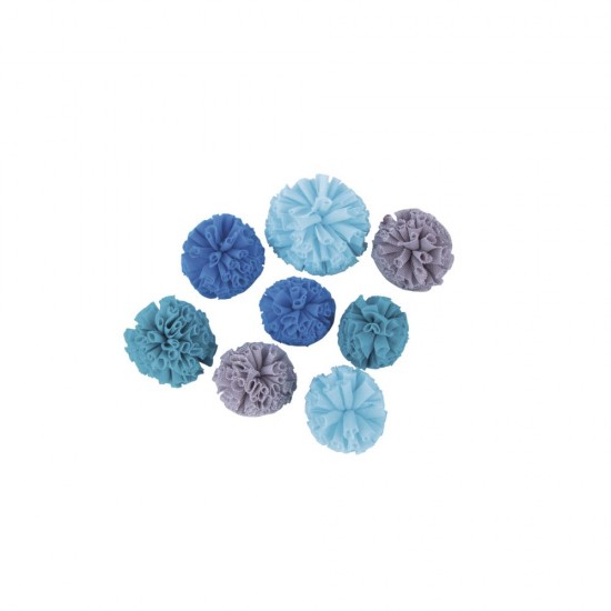 Soft tulle pom poms, assorted, blue-grey shades, ?4cm+?5cm, tab-box 8pcs