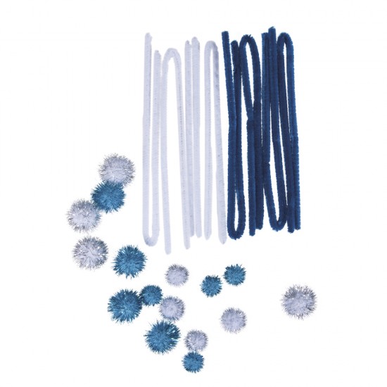 Pomponi Rayher metalici + sarma plusata, albastru-alb, dimensiuni si culori diferite.