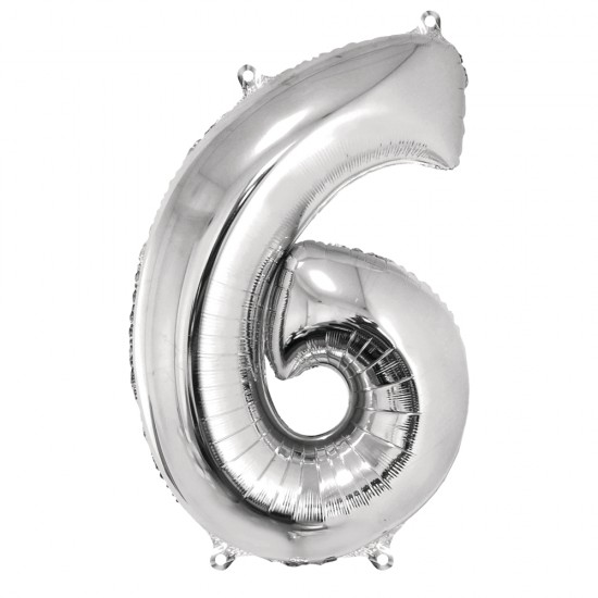 Foil balloon number   6  , argintiu, 96cm, tab-bag