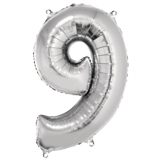 Foil balloon number   9  , argintiu, 96cm, tab-bag