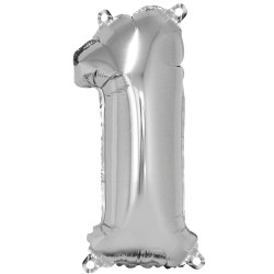 Foil balloon number 1 , argintiu, 40cm, tab-bag Foil balloon number 1 , argintiu, 40cm, tab-bag